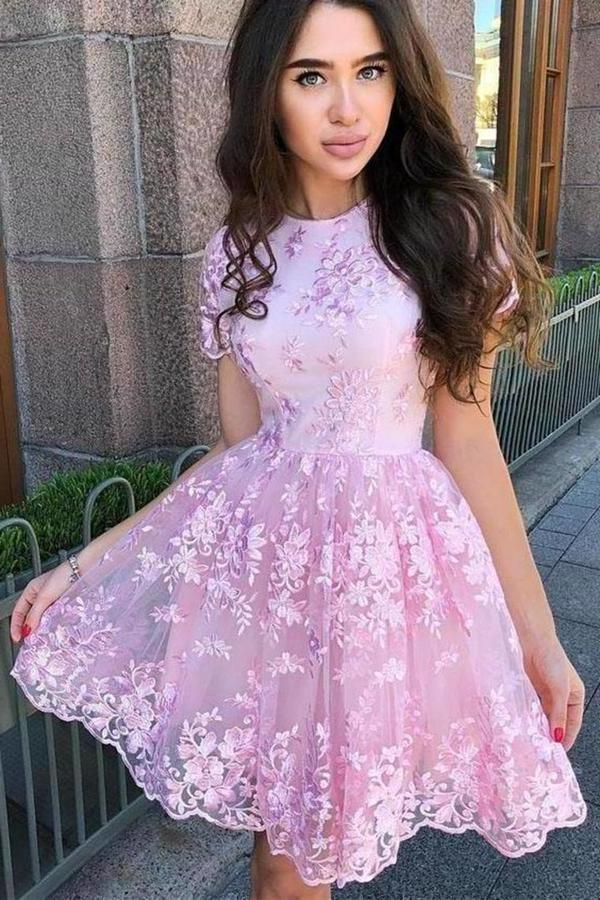 A Line Short Sleeve Lace Short Prom Dress Short Homecoming Dress KPH0630