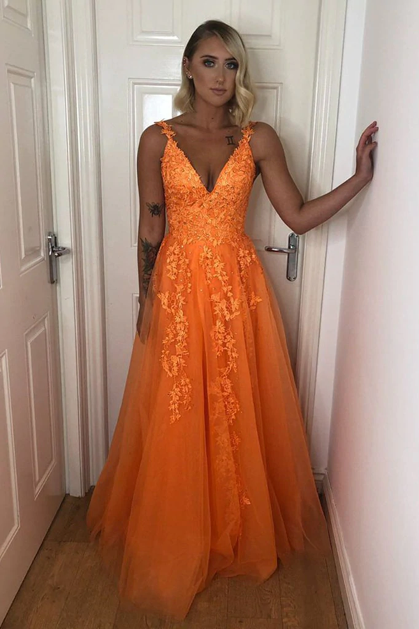 A Line V Neck Backless Lace Appliques Orange Prom Dresses, Formal Dresses KPP1526