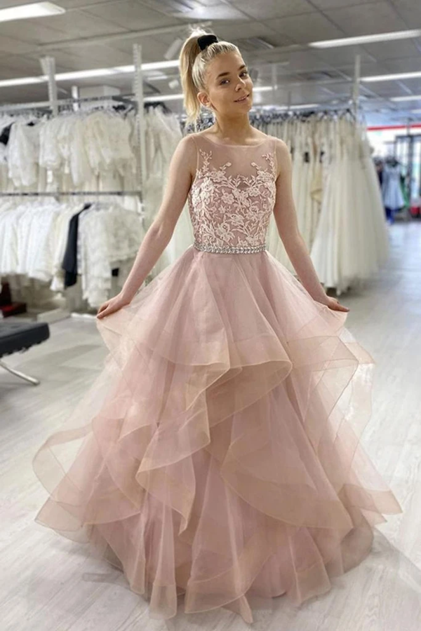 Pink Sleeveless A Line Tulle Lace Sweet 16 Dress Prom Dress KPP1479