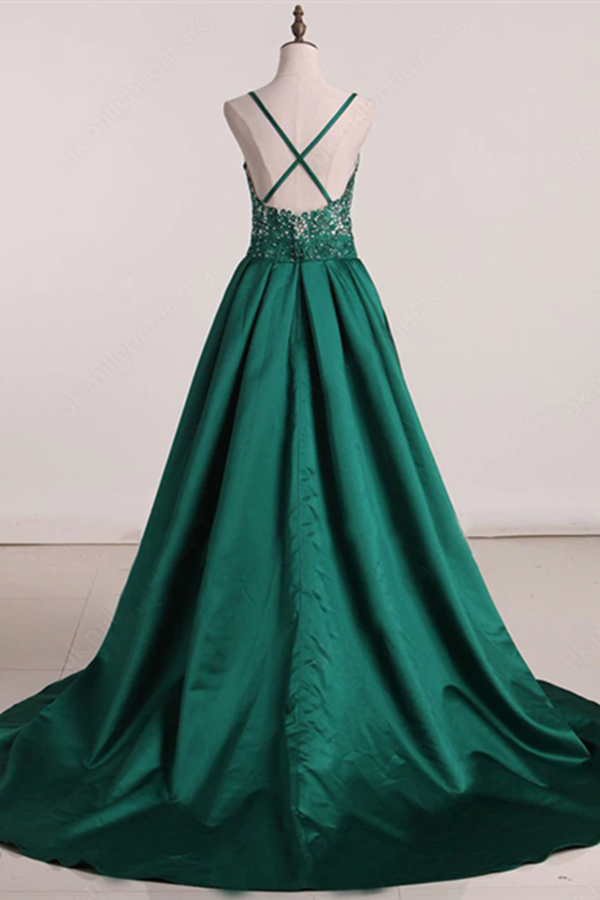Beautiful A line Prom Dresses Long Spaghetti Straps Dark Green Prom Dress Evening Dresses KPP1579