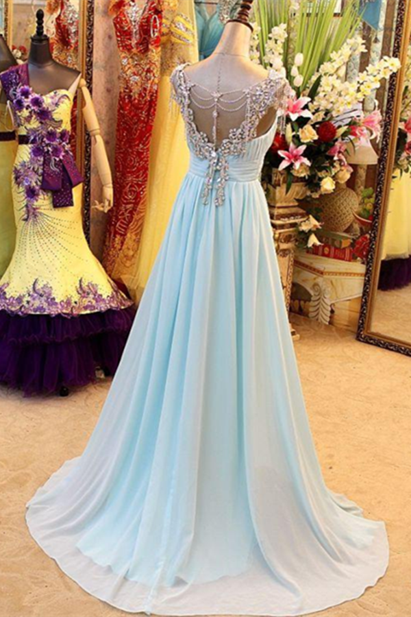 A Line Prom Dress V Neck Chiffon Crystal Party Gown KPP1522
