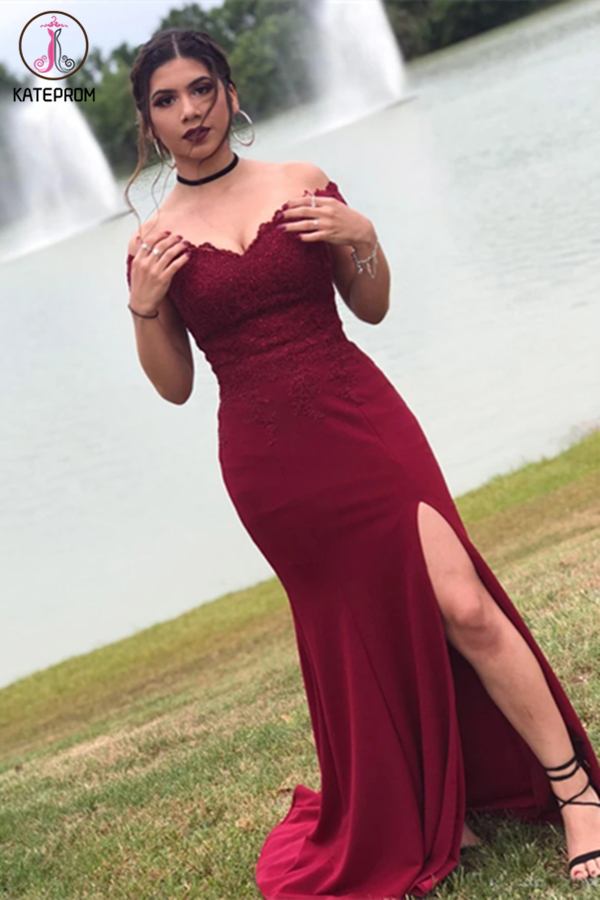 Long Burgundy Mermaid Prom Dresses Off-the-Shoulder Lace Prom Dress KPP1320