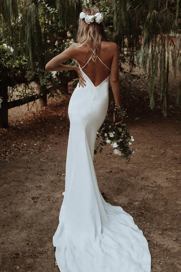 Simple Spaghetti Straps Mermaid Beach Wedding Dress, Elegant Bridal Dress KPW0713