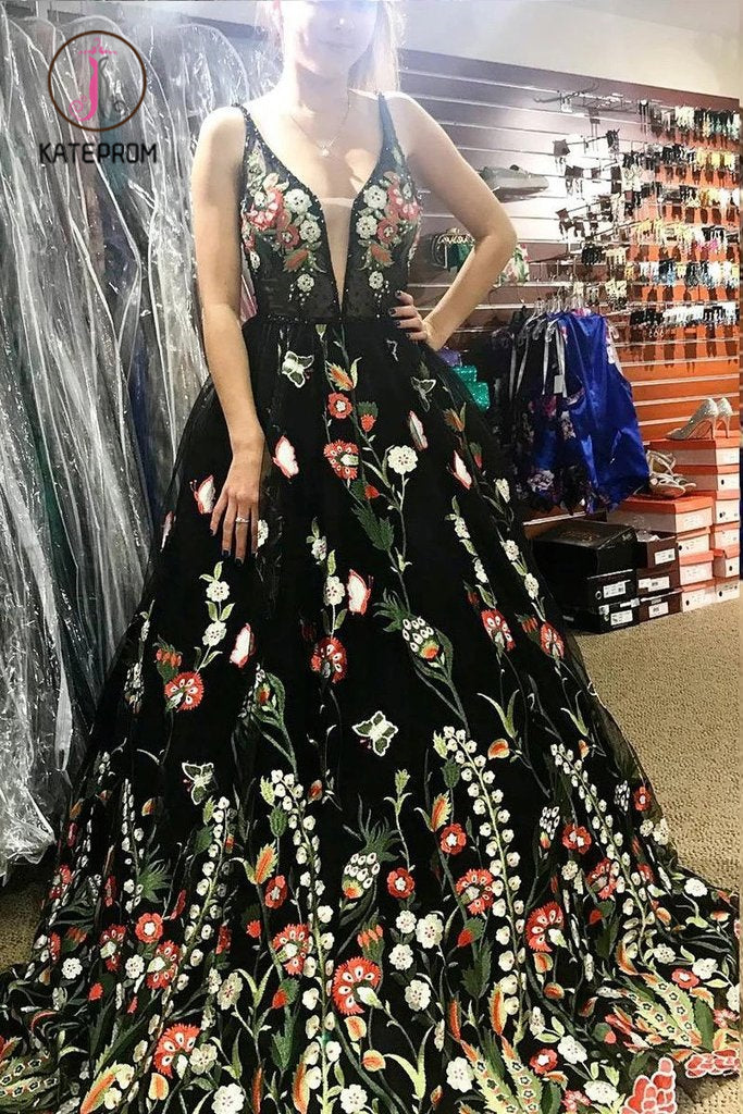 Beautiful Deep V Neck Sleeveless Black Long Prom Dress with Flowers, Unique Formal Dress KPP0990