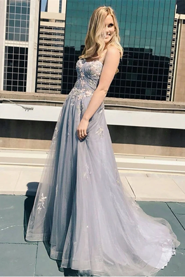 New A line Spaghetti Straps Grey Tulle Prom Dresses KPP1484