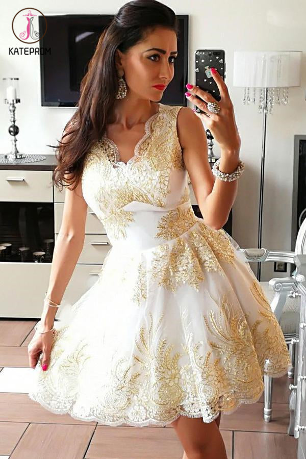 A-Line Cute V-Neck Sleeveless Tulle Homecoming Dress with Appliques, Short Prom Gown KPH0383