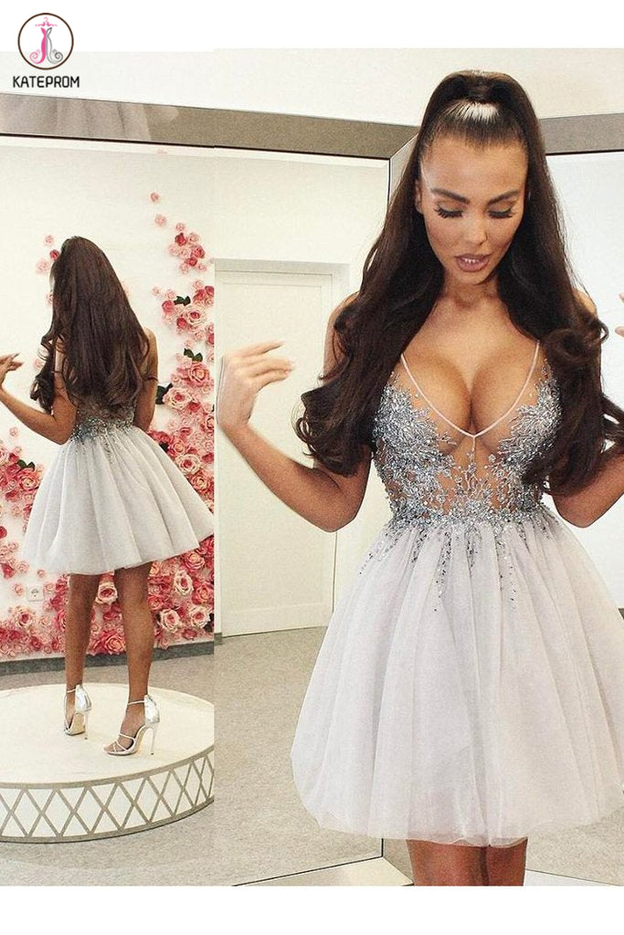 Sexy A-Line V-Neck Short Tulle Homecoming Dress with Beading, Cocktail Dresses KPH0490