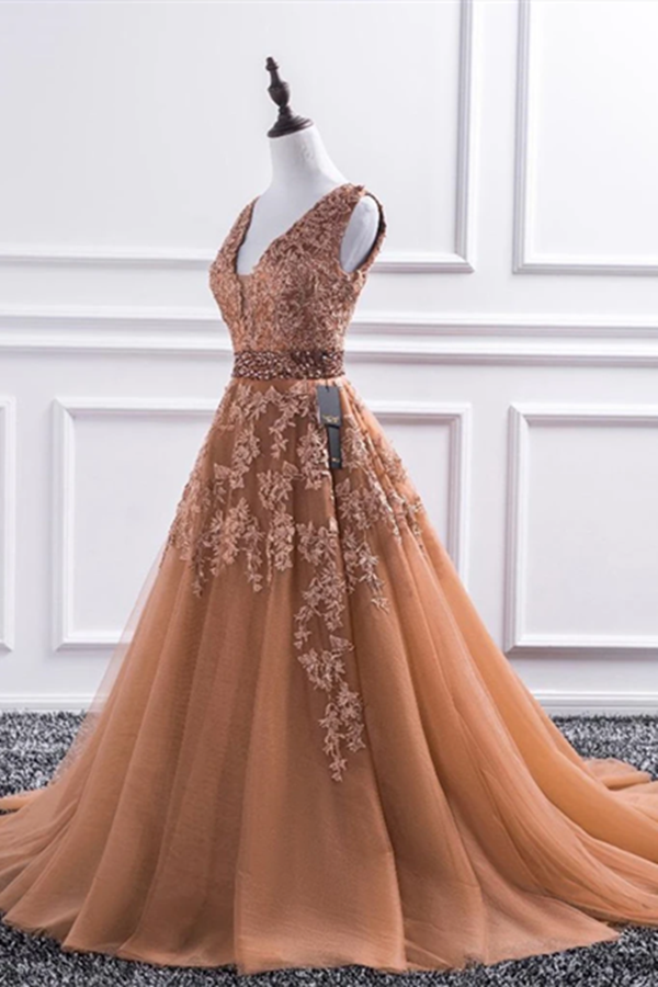 Champagne V Neck Lace Long Prom Dresses, Lace Formal Dresses, Evening Dress KPP1357