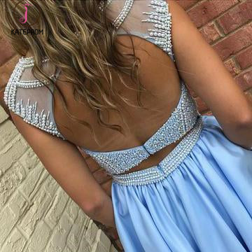 Ice Blue Beading Satin Sleeveless Open Back Homecoming Dress,Sparkly Prom Gown with Pockets KPH0268