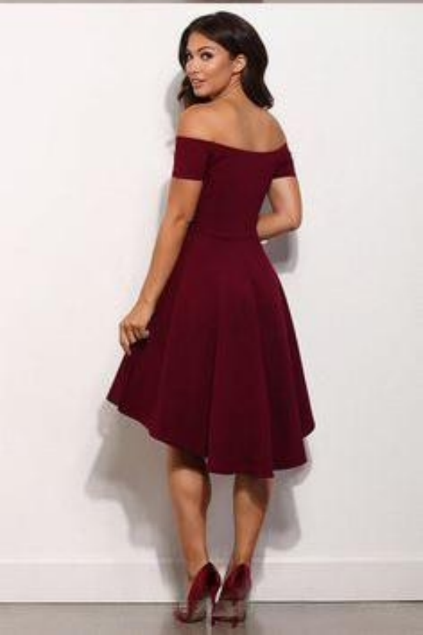 A Line Off Shoulder High Low Burgundy Short Prom Dress, Burgundy Graduation Dress, Homecoming Dress KPH0658