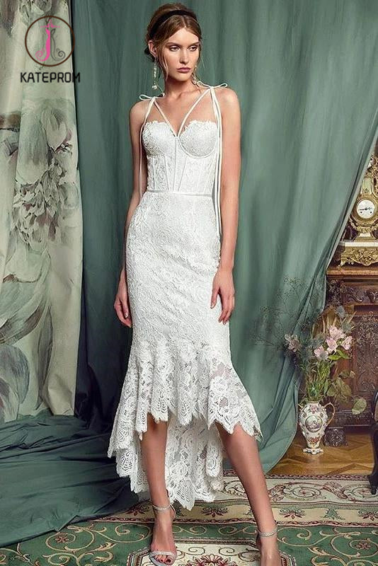 Sheath Lace Prom Dress, Unique Lace Wedding Dress with Ruffles KPP1044