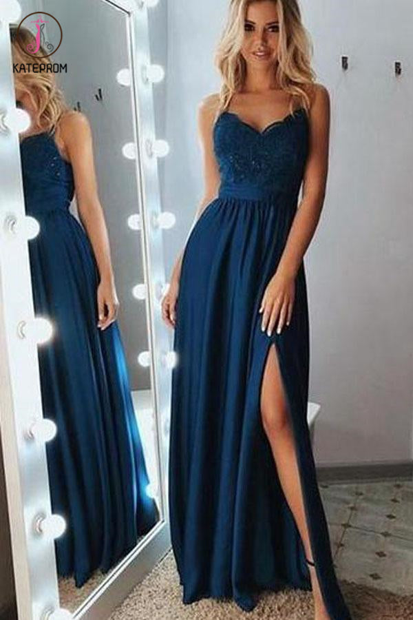 A-Line Spaghetti Straps Long Gray Prom Party Dress With Lace Sequins KPP1132