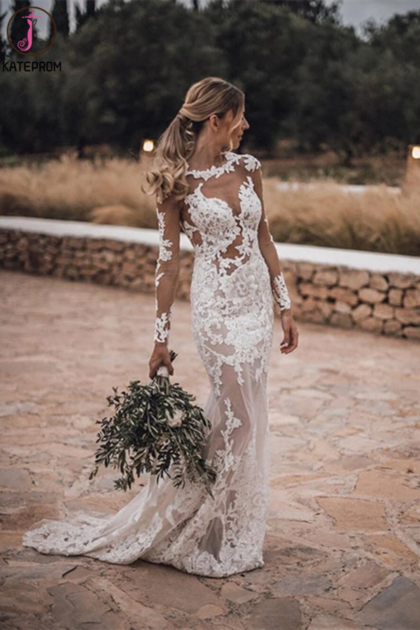 Stunning Lace Appliques See Though Mermaid/Turmpet Wedding Dress Backless Rustic Wedding with Sleeves Gowns