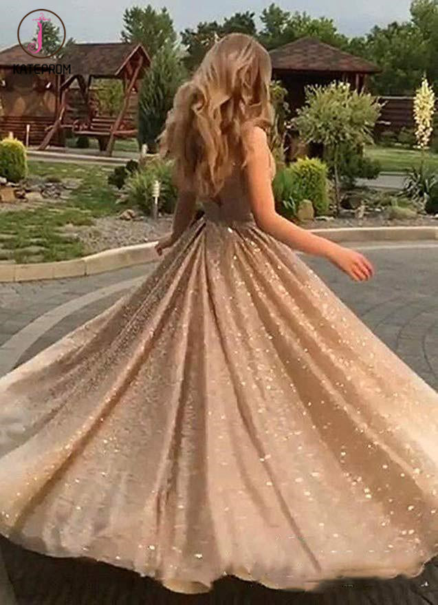 A-Line Open Back Gold Sequins Champagne Prom Dresses 2020 Fashion Evening Dresses KPP1126