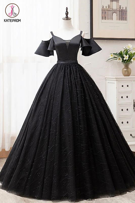 Black Ball Gown Short Sleeves Long Prom Dresses, Floor Length Straps Formal Dresses KPP1279