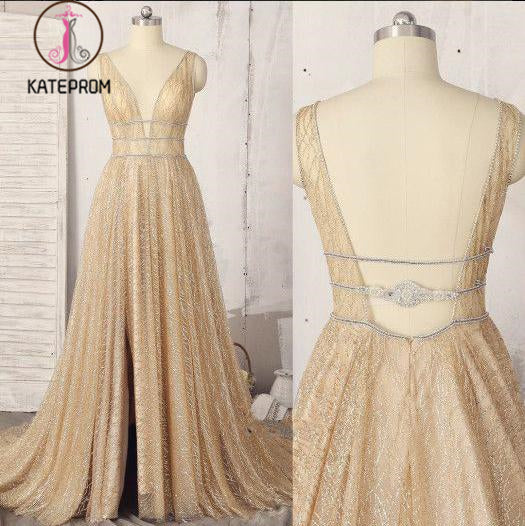 Sparkly Deep V Neck Sleeveless Floor Length Prom Dress, A Line Long Formal Dresses KPP0892