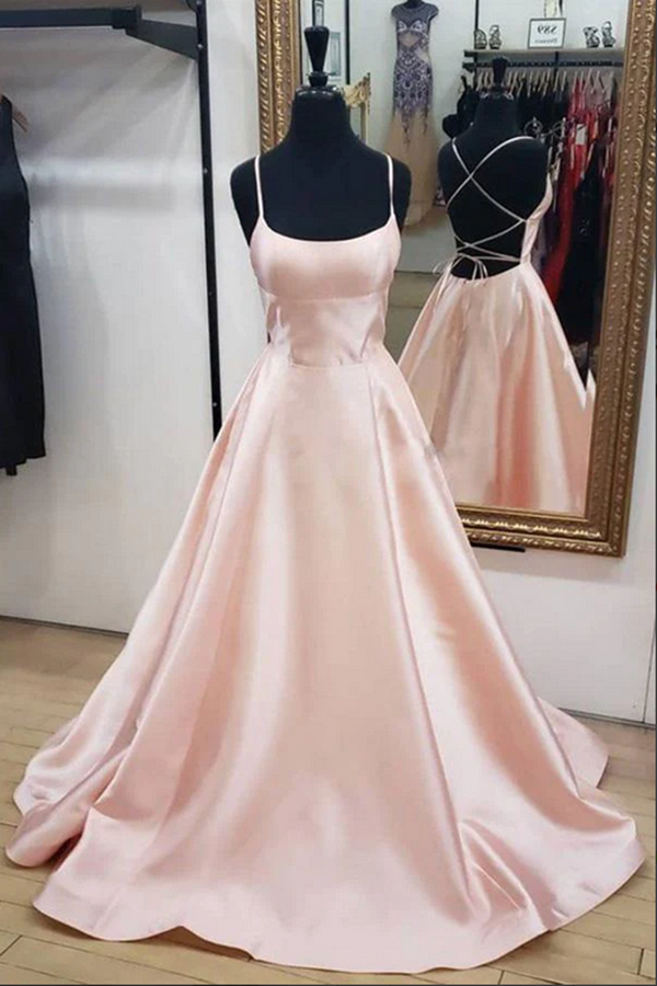 Blush Pink Simple Satin A line Spaghetti Straps Cross Back Prom Dress with Pockets KPP1622