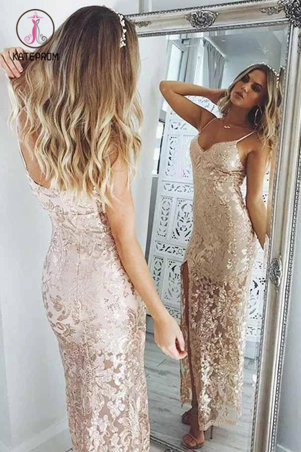 Sexy Spaghetti Straps Side Slit Long Prom Dresses, Sheath Split Formal Dresses KPP1238