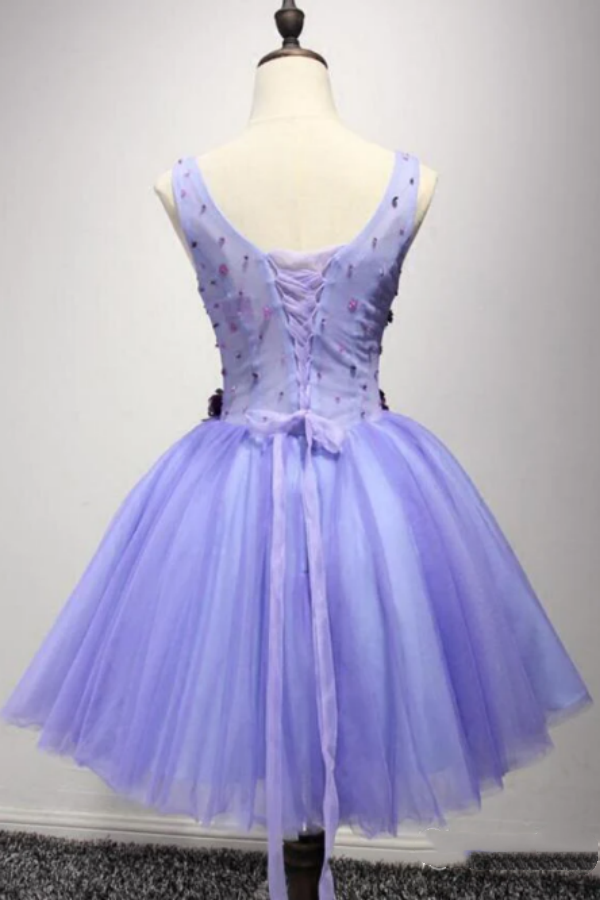 Short Lavender Homecoming Dresses Flower Applique Knee Length Prom Dress KPH0642