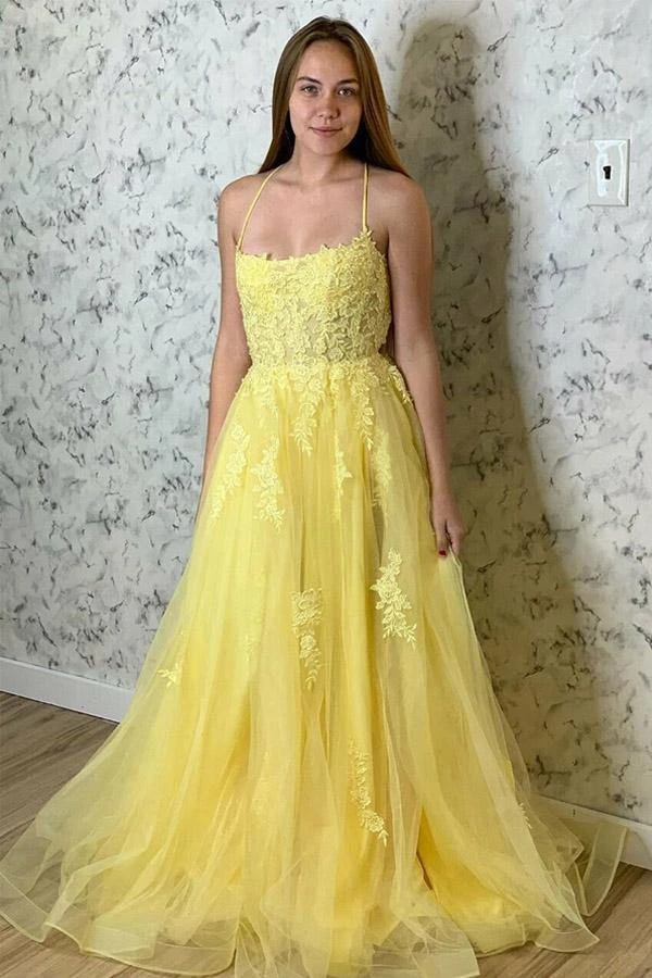 A Line Spaghetti Straps Yellow Split Long Prom Dress With Lace Appliques KPP1374