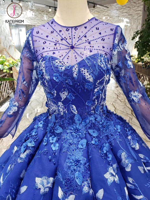 Blue Ball Gown Floral Prom Dress with Long Sleeves, Appliqued Long Quinceanera Dress KPP0851
