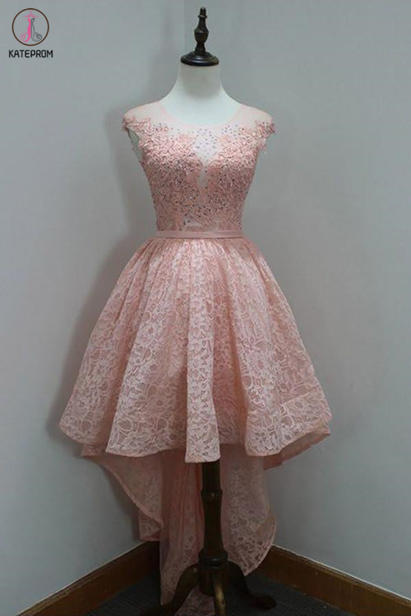 High Low Round Neck Sleeveless Lace Homecoming Dress, A Line Lace Party Dress KPH0465