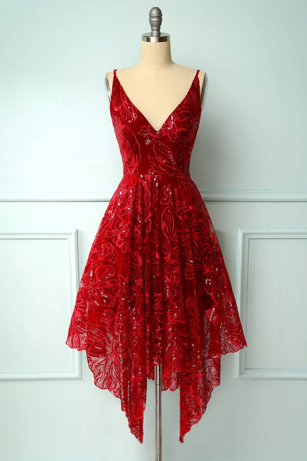 Burgundy v neck lace high low prom dress lace formal dress KPH0692