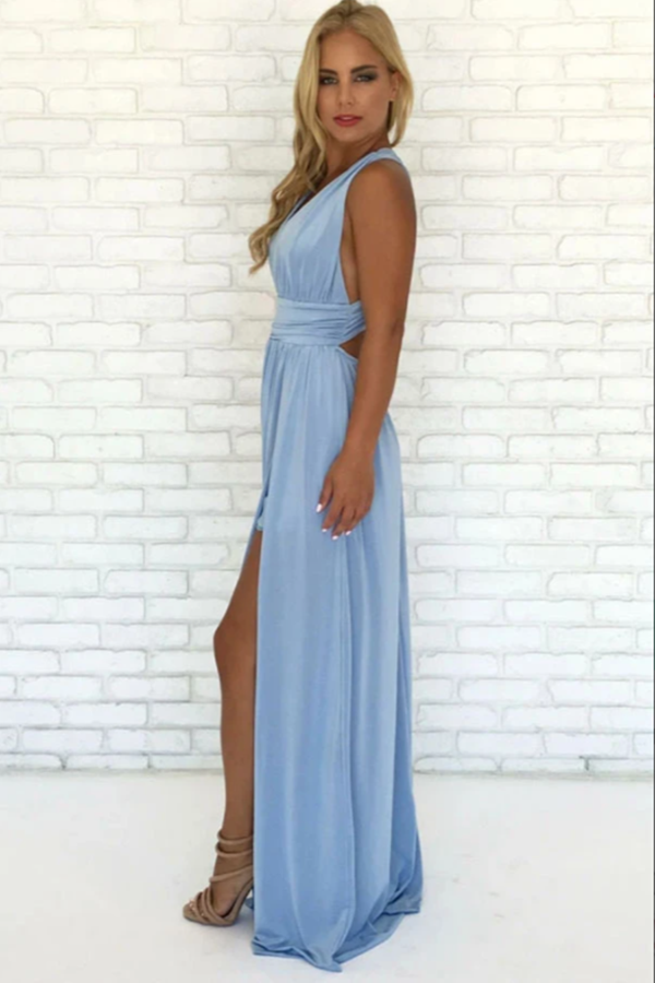 Sky Blue Chiffon A Line V Neck Criss Cross Straps Prom Dress With Side Slit KPP1468