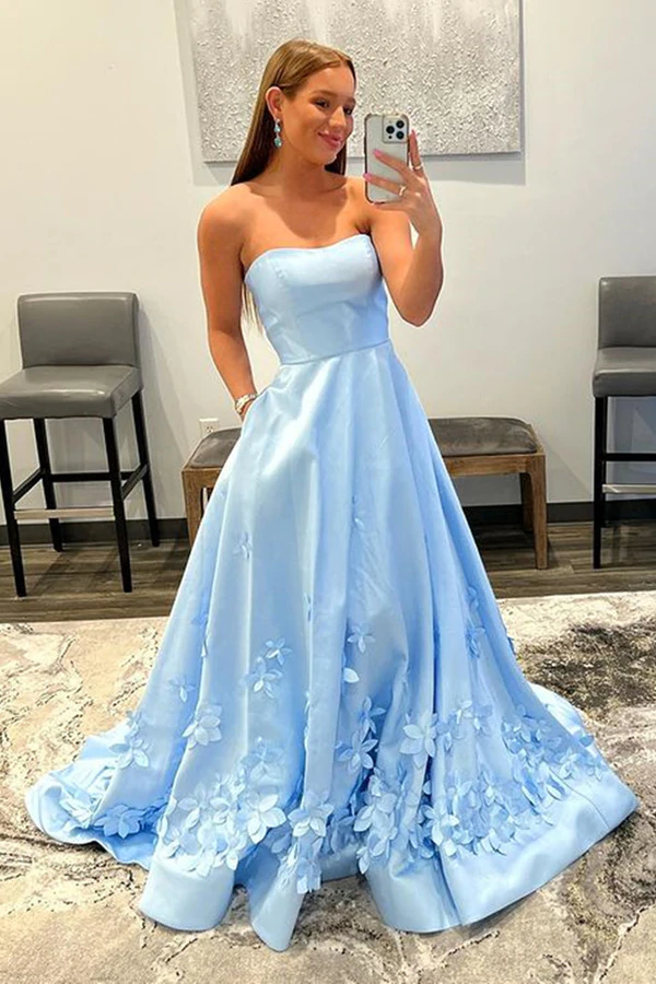 A line Strapless Sky Blue Floral Long Prom Dresses Formal Dresses KPP1585