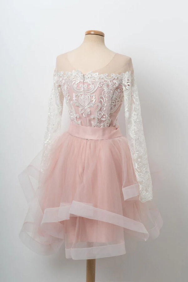 A line Cute Pink Short Prom Dress Long Sleeve Scoop Lace Homecoming Dresses KPH0667
