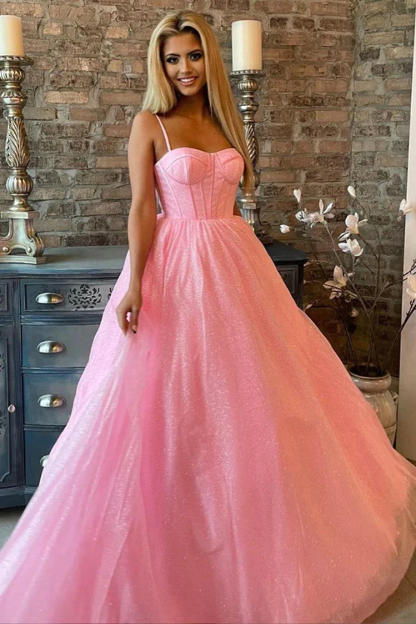 Shiny Pink Tulle Spaghetti Straps Sparkly Long Prom Formal Evening Dress KPP1647