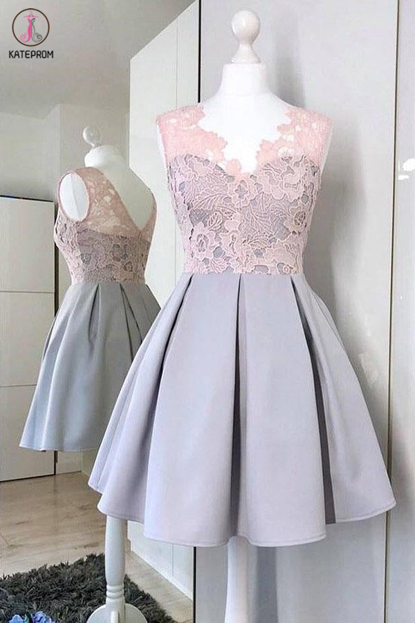 A-Line V-Neck Satin Homecoming Dress with Lace, Simple Sleeveless Graduation Dress KPH0479