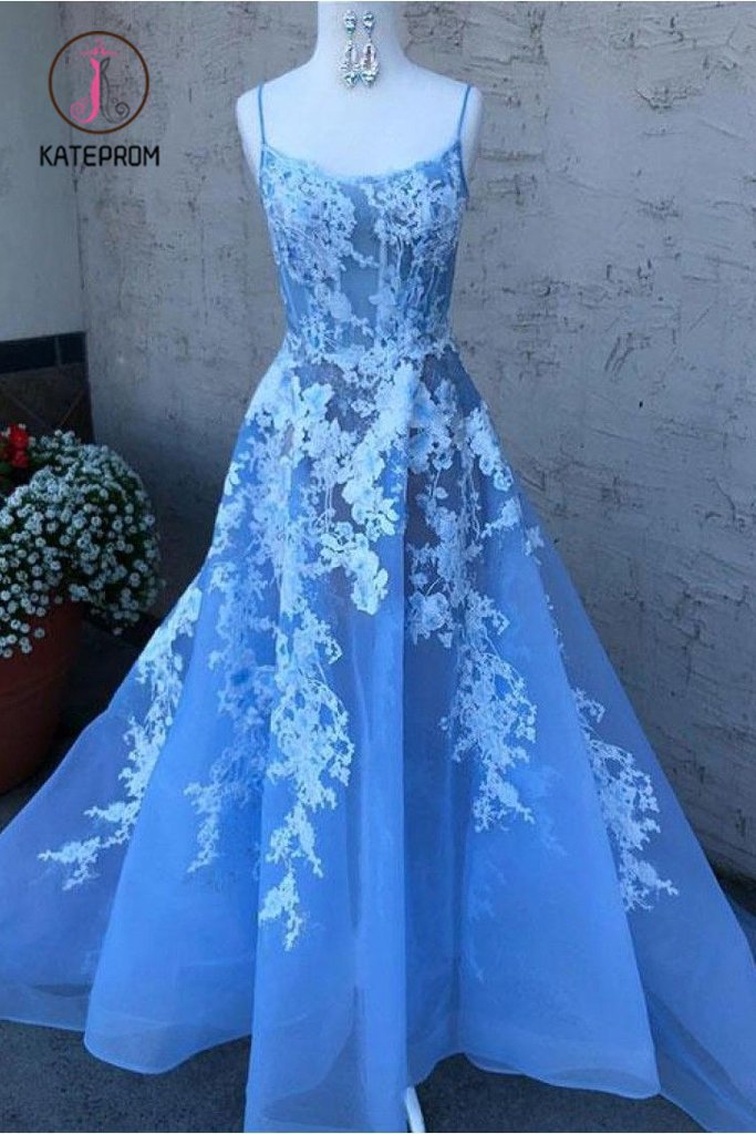 Blue Spaghetti Straps Prom Dress with Lace Appliques, A Line Sexy Long Graduation Dress KPP0929