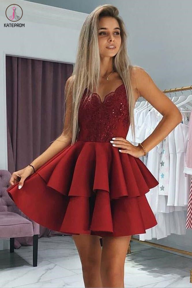 Burgundy  Short Homecoming Dresses Spaghetti Strap Two Layers Satin Short Prom Dress with Appliques KPH0472