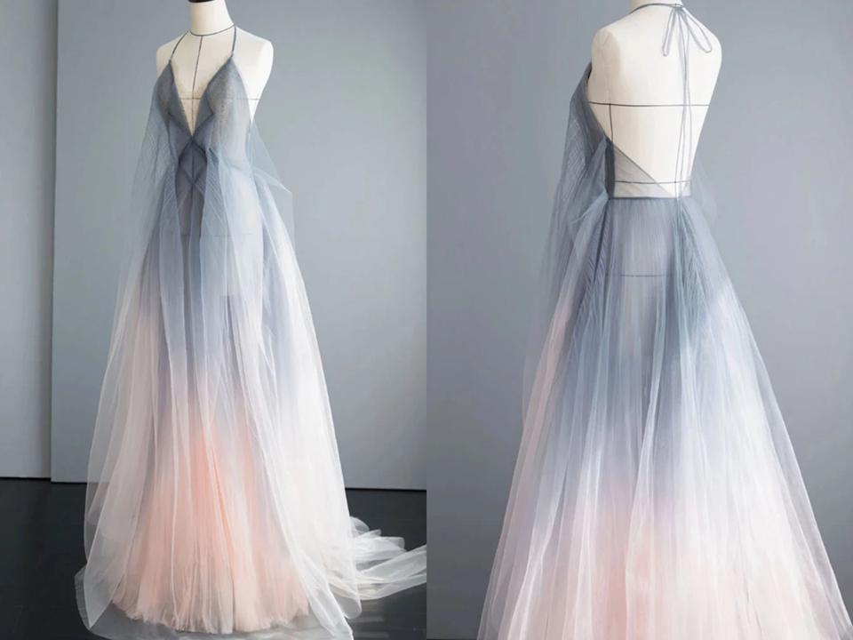 Simple Deep V Neck Ombre Tulle Halter Sleeveless Prom Dresses Backless Formal Dresses KPP1465