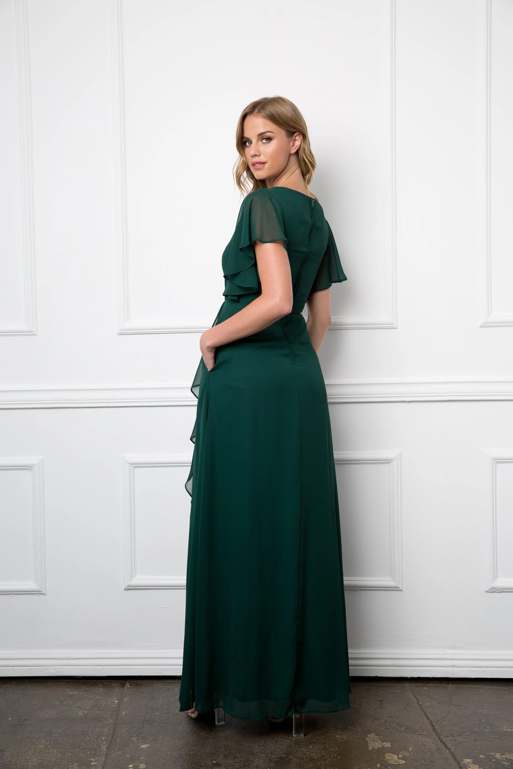 Long Formal Ruffle Sleeve Chiffon Evening Dress