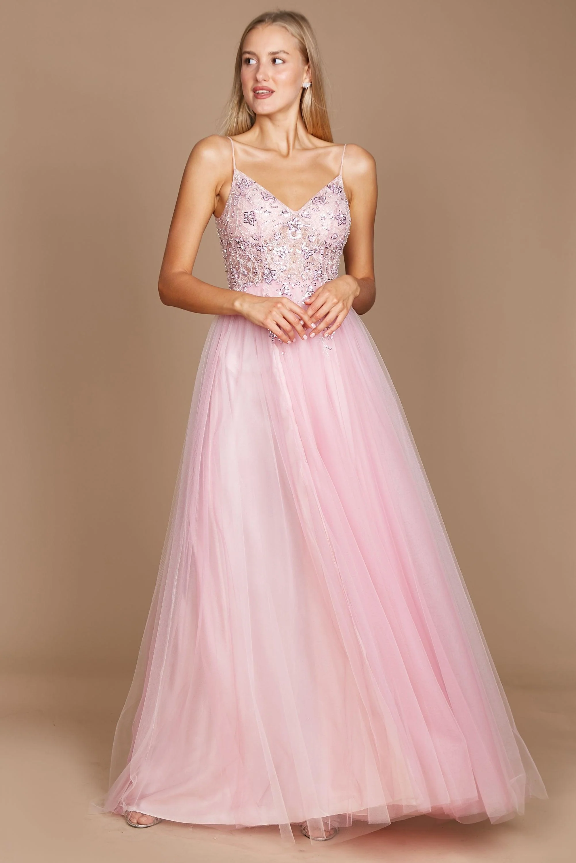 Dylan & Davids Long Jeweled Beaded Tulle Prom Dress