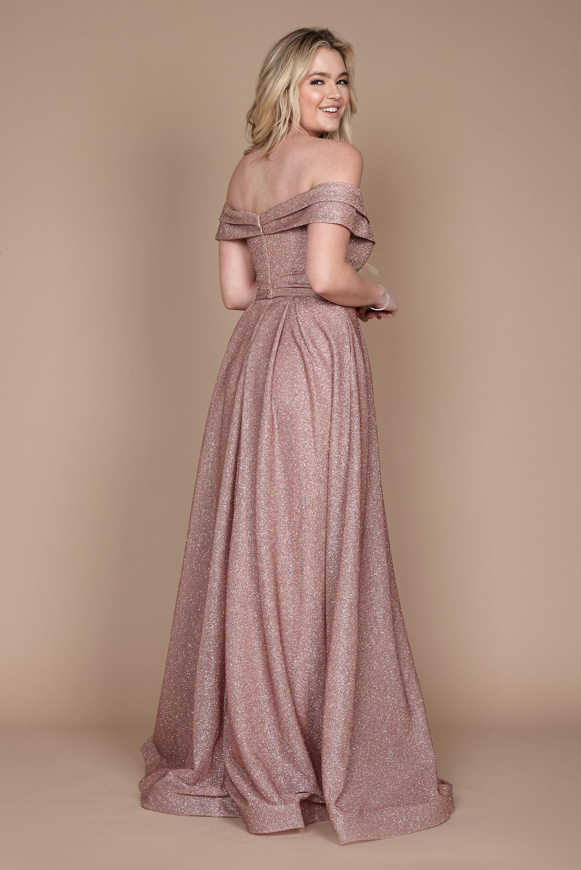 Dylan & Davids Long Off Shoulder Glitter Prom Dress