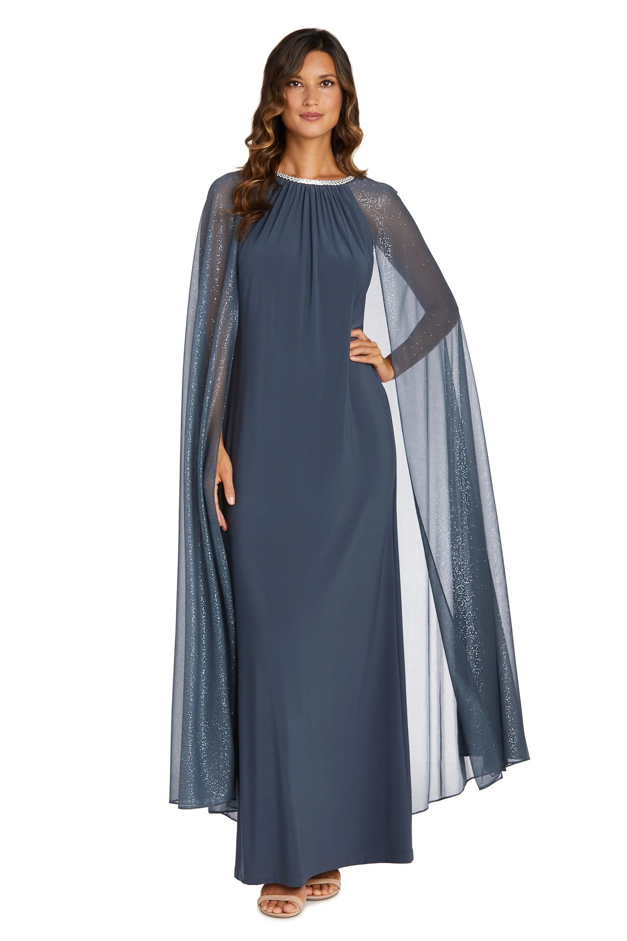 R&M Richards 2662P Long Formal Petite Cape Dress
