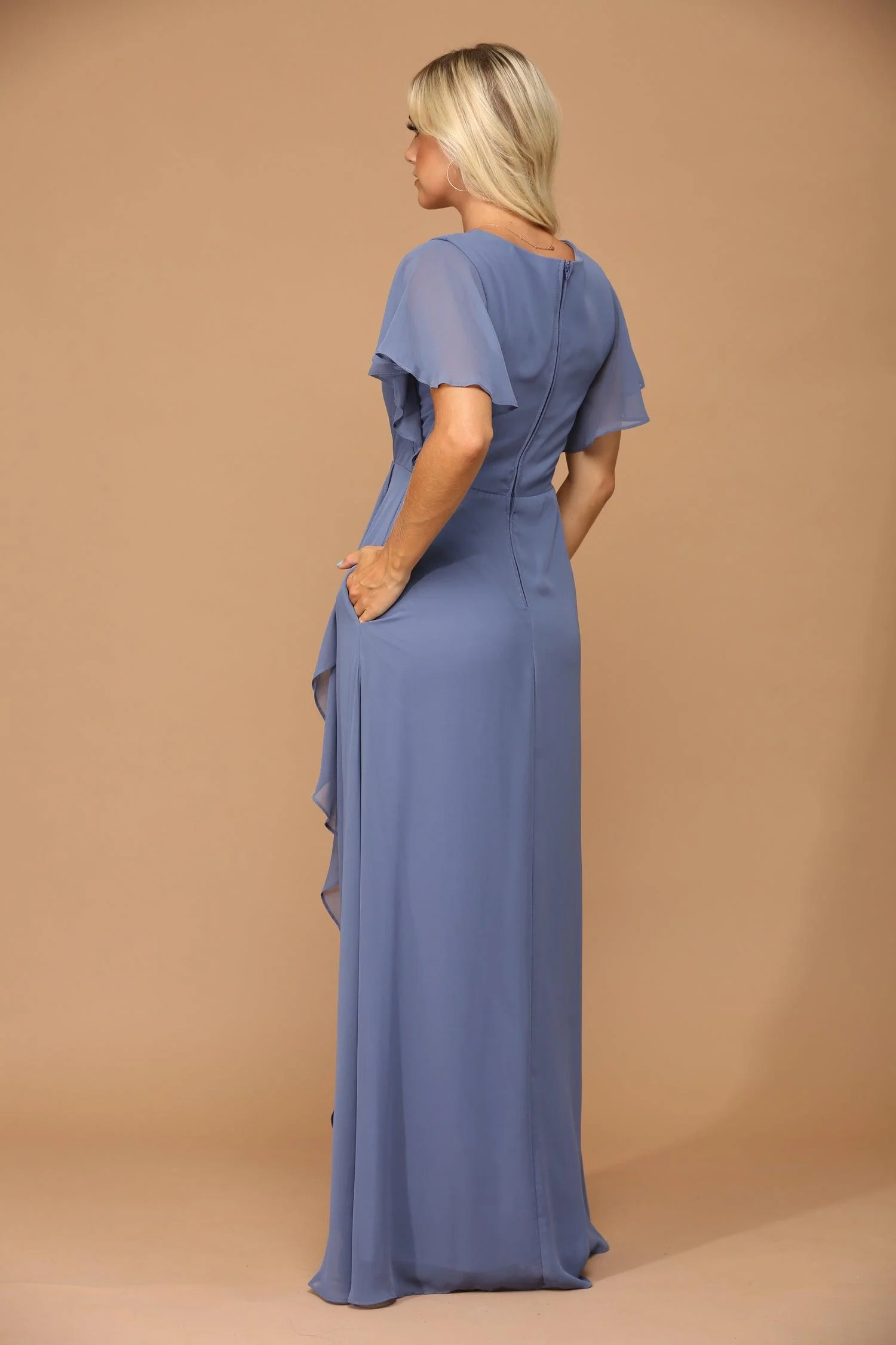 Long Formal Ruffle Sleeve Chiffon Evening Dress