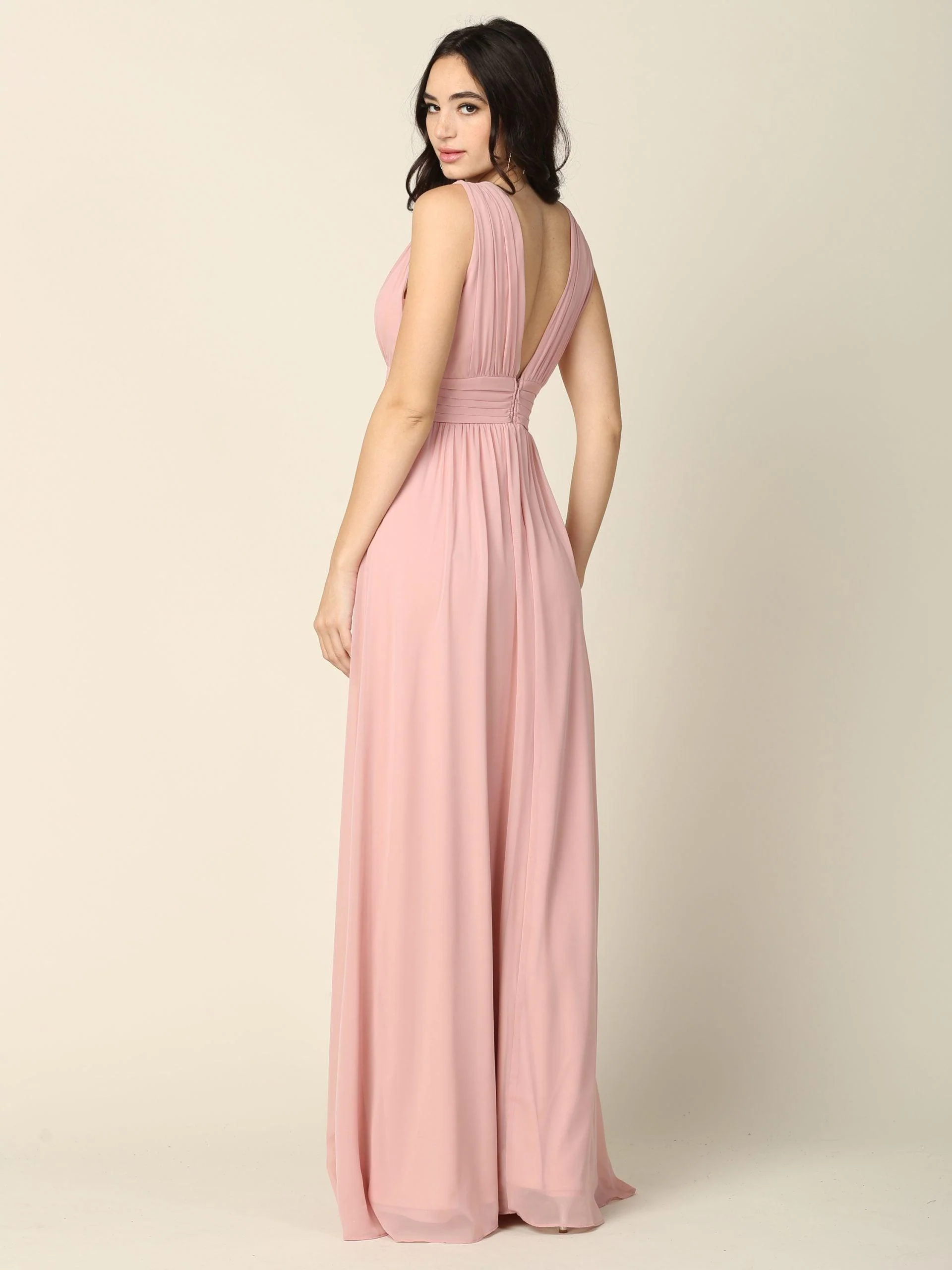 Long Sleeveless Formal Bridesmaids V Neck Dress