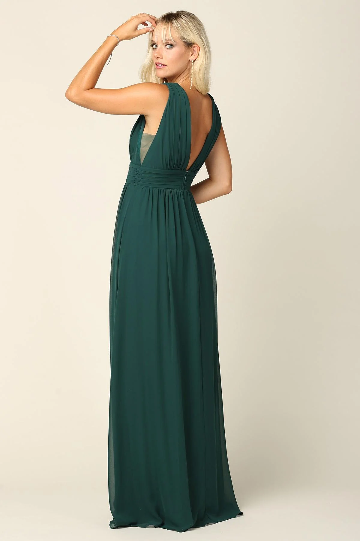 Long Sleeveless Formal Bridesmaids V Neck Dress