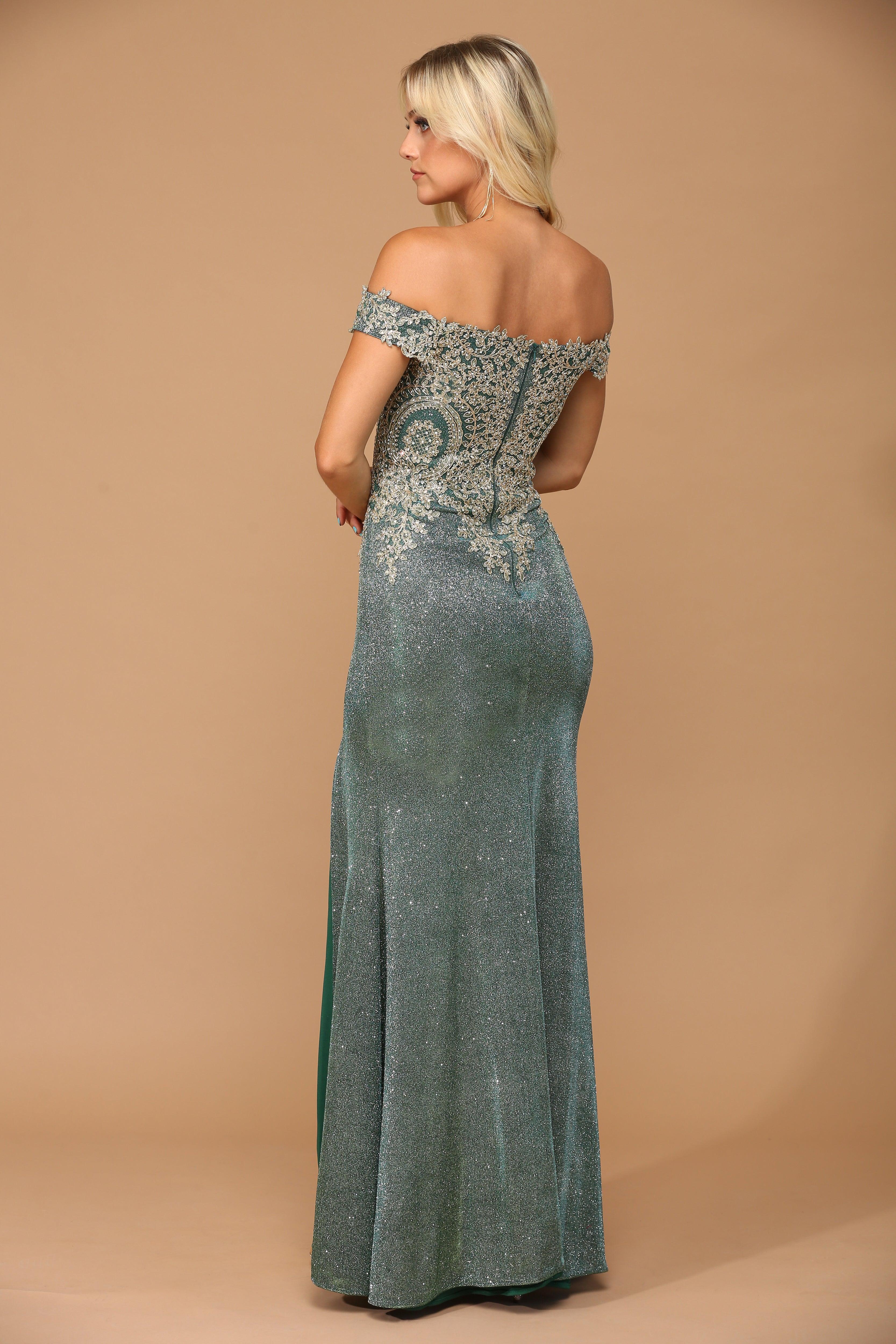 Long Off Shoulder Formal Metallic Prom Dress