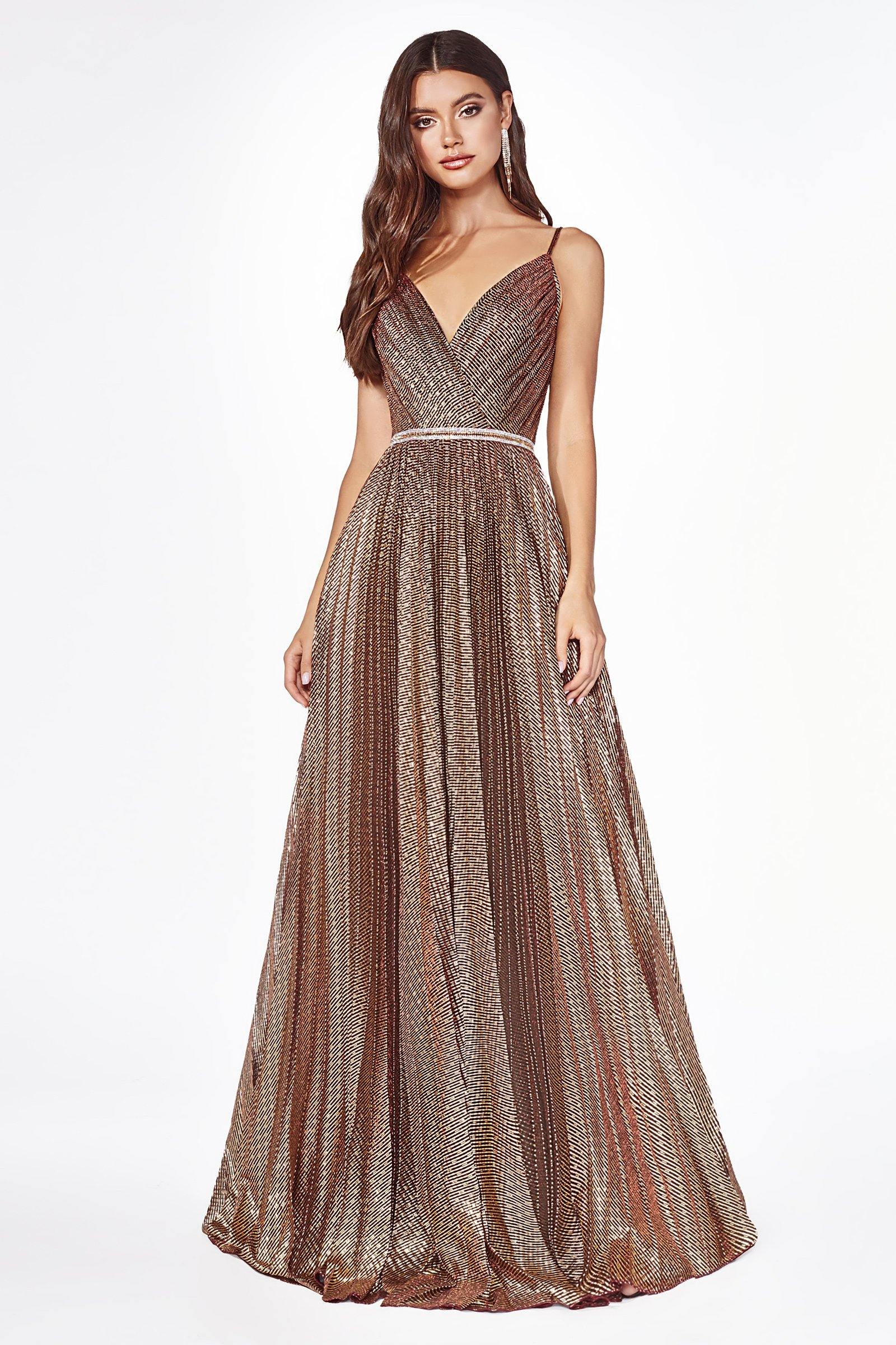 Cinderella Divine KC896 Prom Long Formal Spaghetti Strap Stripped Metallic Dress