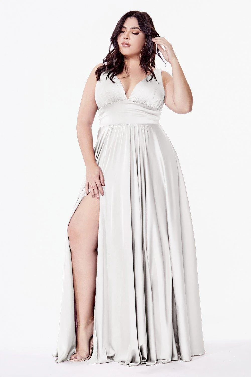 Cinderella Divine CD7469 Satin Prom Long High Slit Dress