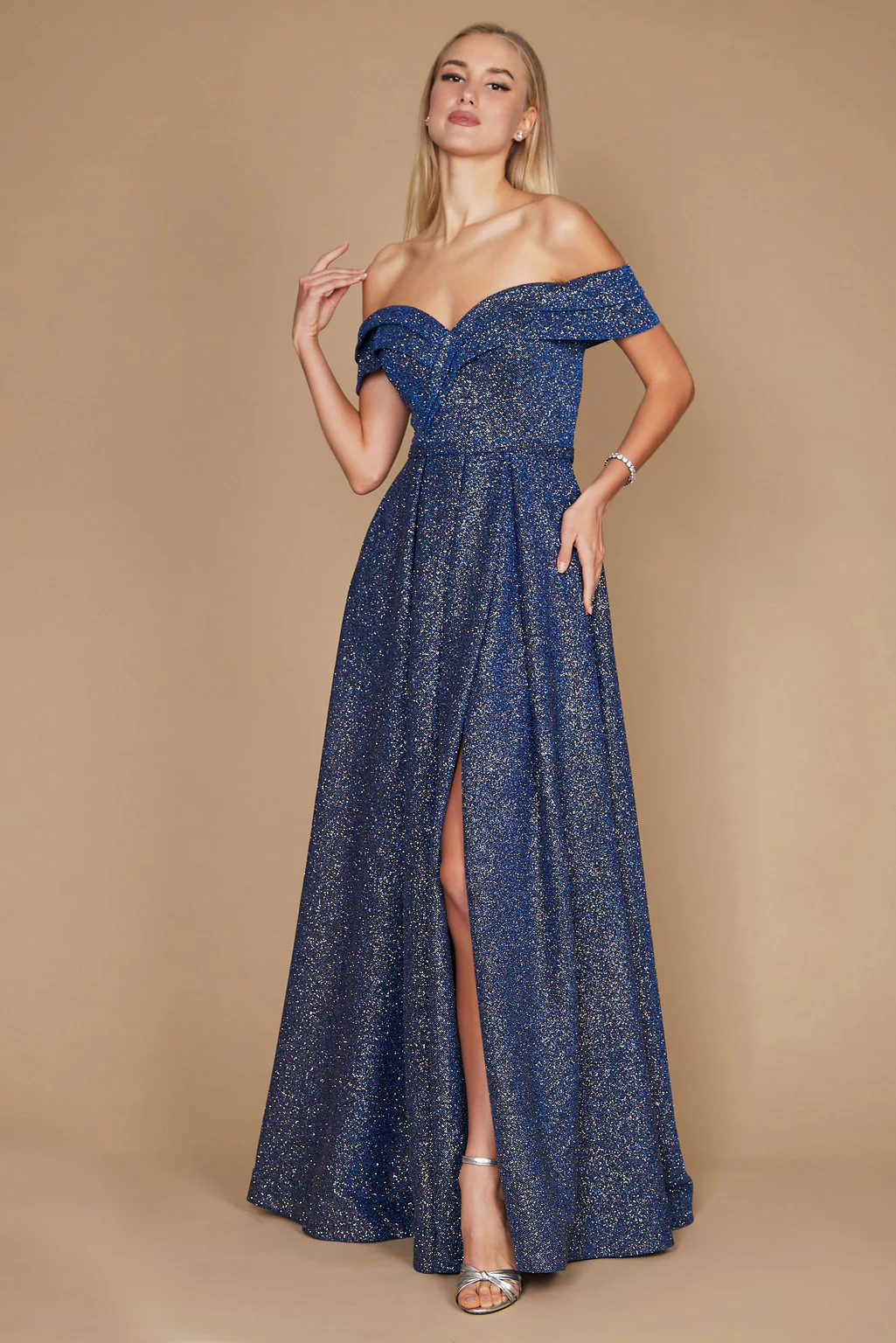 Dylan & Davids Long Off Shoulder Glitter Prom Dress