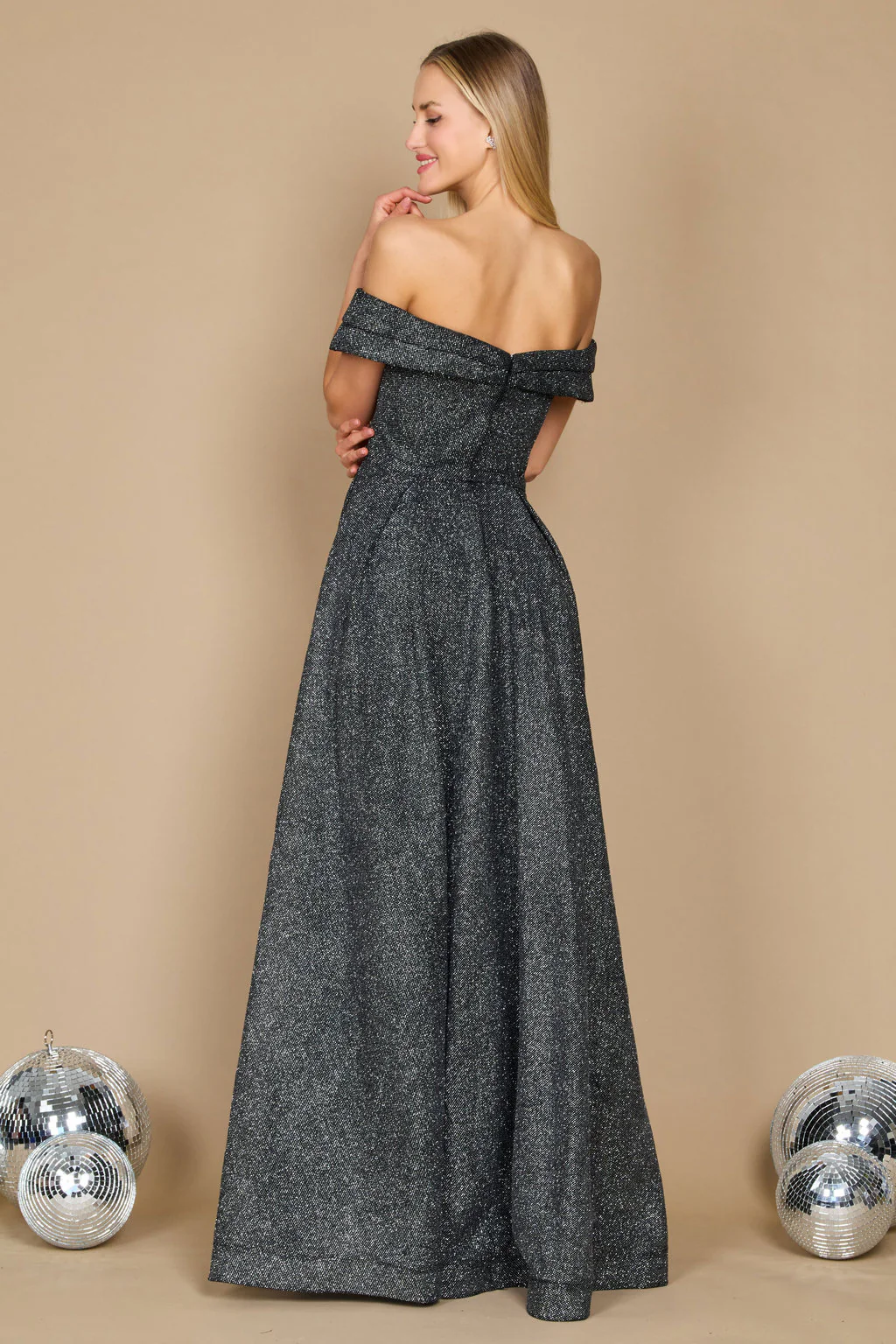Dylan & Davids Long Off Shoulder Glitter Prom Dress