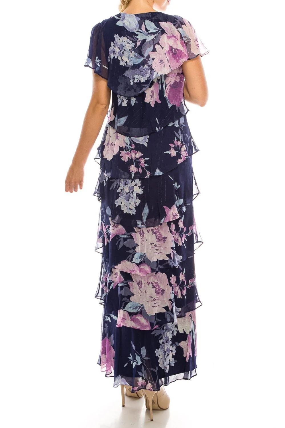 SL Fashions 9171432 Long Formal Multi Floral Printed Tiered Dress