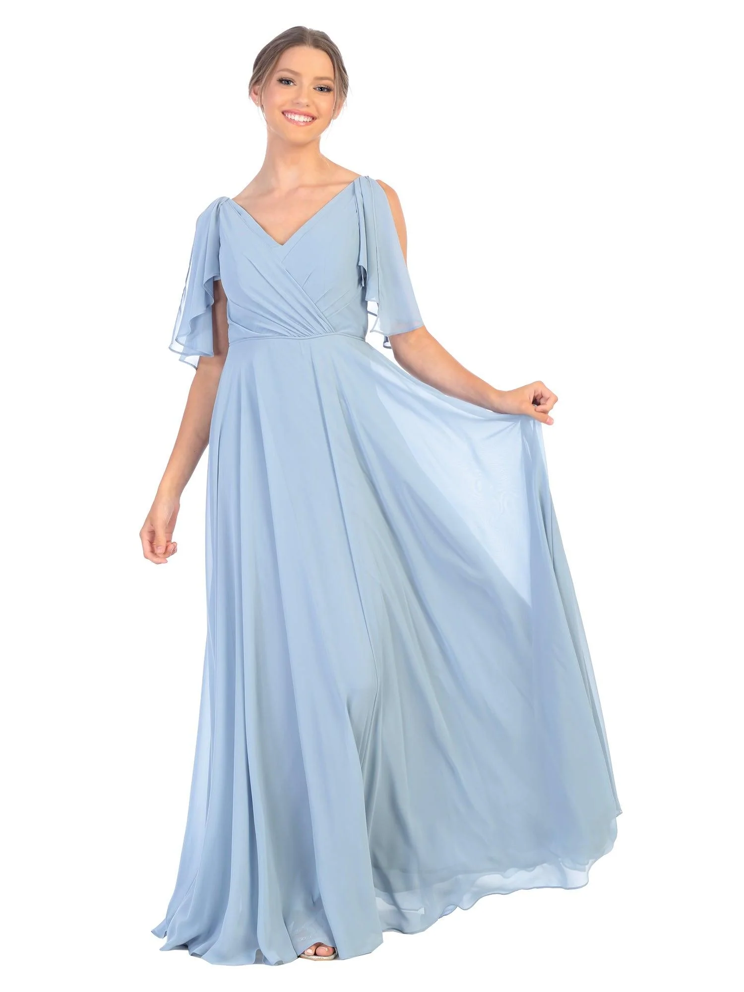 Long Formal Flutter Sleeves Bridesmaids Dress
