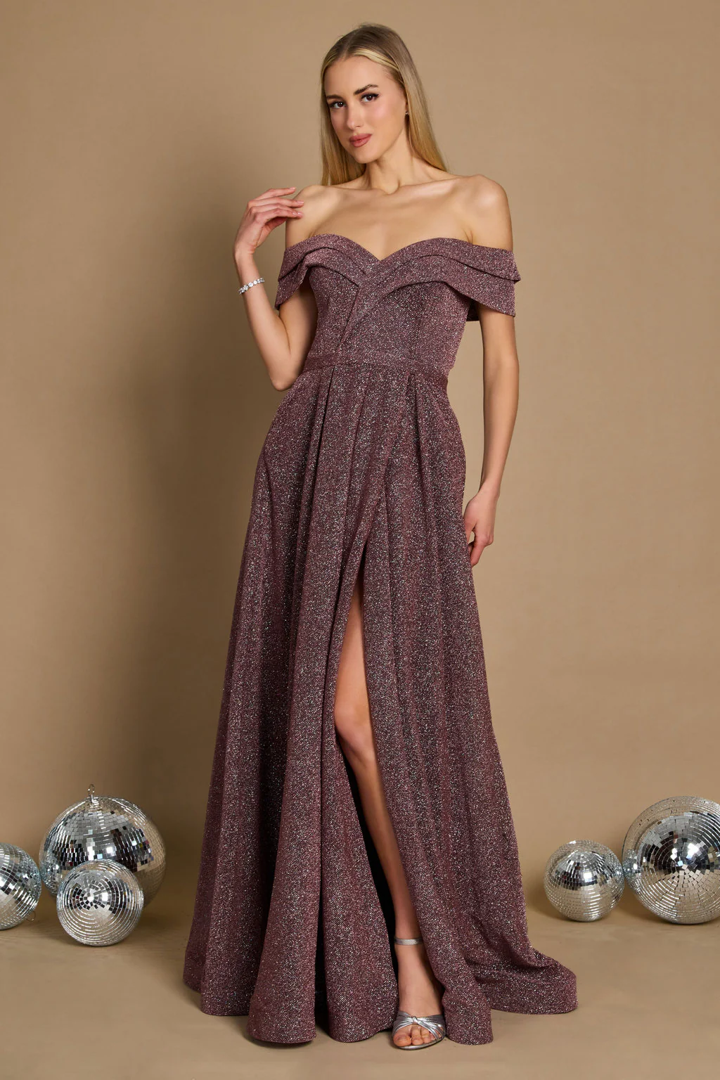 Dylan & Davids Long Off Shoulder Glitter Prom Dress